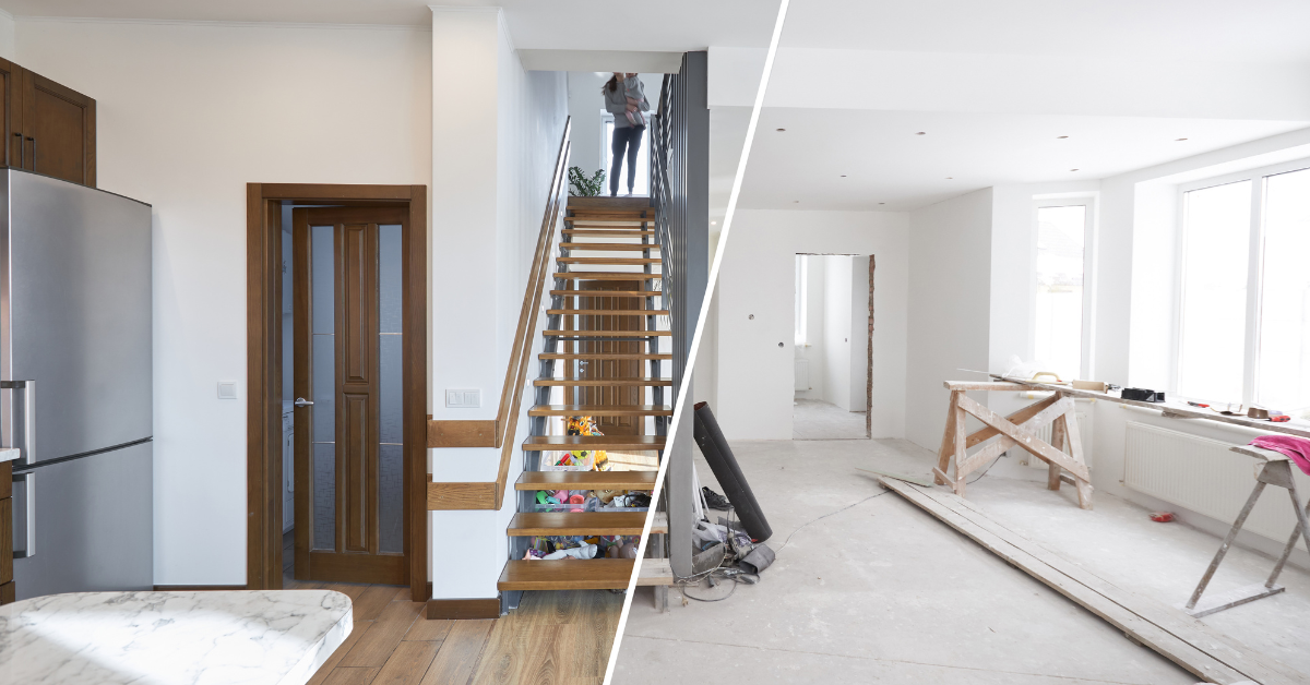 Side-by-side before and after of the same staircase landing.